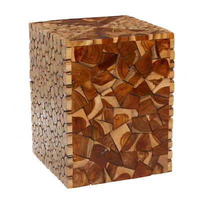 Teak Wood Handmade Square Block Accent Table with Mosaic Wood Chip Design - Brown - Roche River Decor - 14"Wx14"Lx18"H