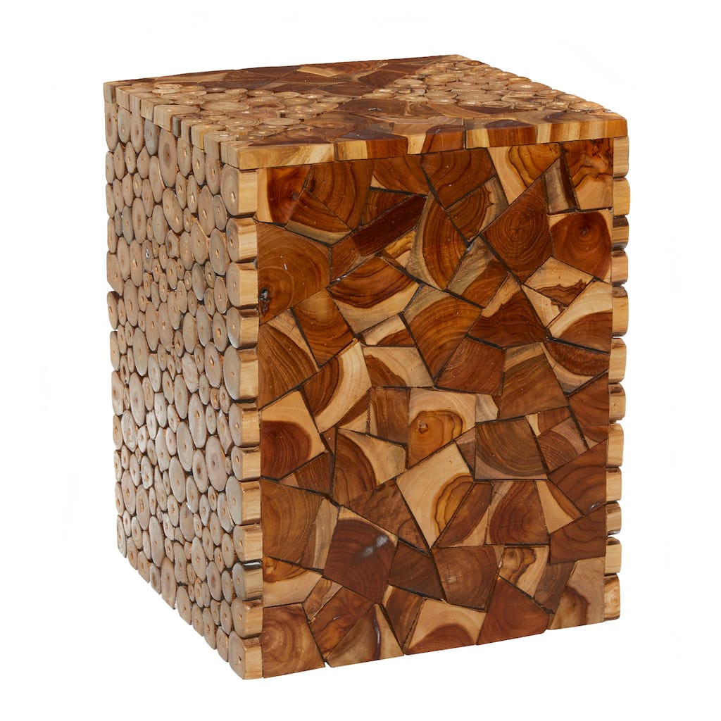 Teak Wood Handmade Square Block Accent Table with Mosaic Wood Chip Design - Brown - Roche River Decor - 14"Wx14"Lx18"H