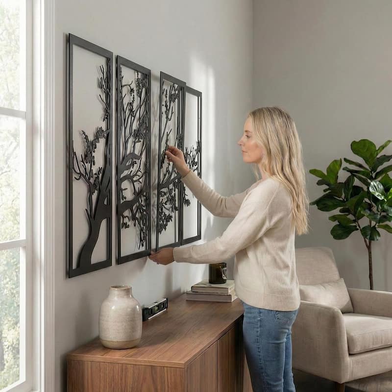 Tree of Life 4 Panels Metal Wall Decor for Home and Outside - Wall-Mounted Geometric Wall Art Decor