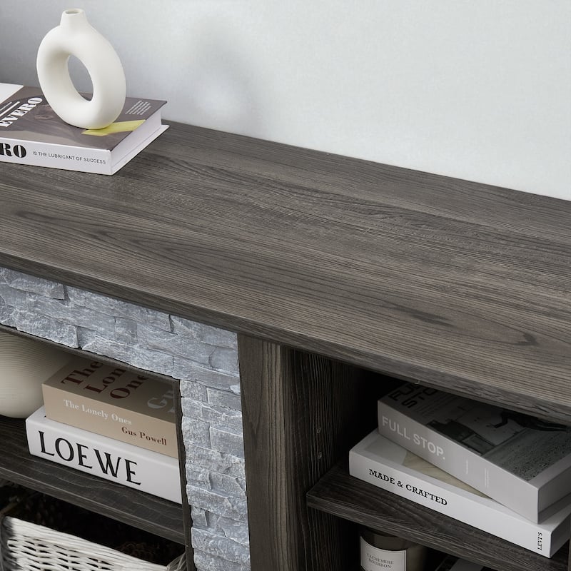 Mantel Stone 58" TV Stand with Faux Stacked Stone Surround, Modern Media Console with Open Storage & Cable Management