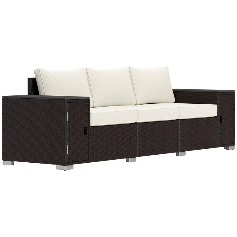 3 Seater Storage Sofa, Deep Seat Wide Armrests PE Rattan Patio, Cream