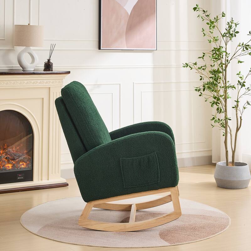 27.2"W Rocking Chair, Sherpa Glider Chair with High Back Side Pocket, Rocking Accent Armchair with Rubber Wood Legs