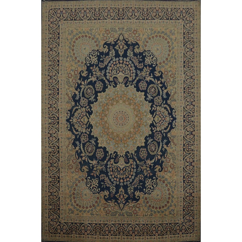 Hand Knotted Oriental 100% Wool Carpet Traditional Floral Navy Blue & Blues Kerman Area Rug - 13' 4'' X 10' 0''