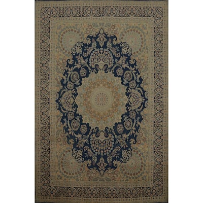 Hand Knotted Oriental 100% Wool Carpet Traditional Floral Navy Blue & Blues Kerman Area Rug - 13' 4'' X 10' 0''