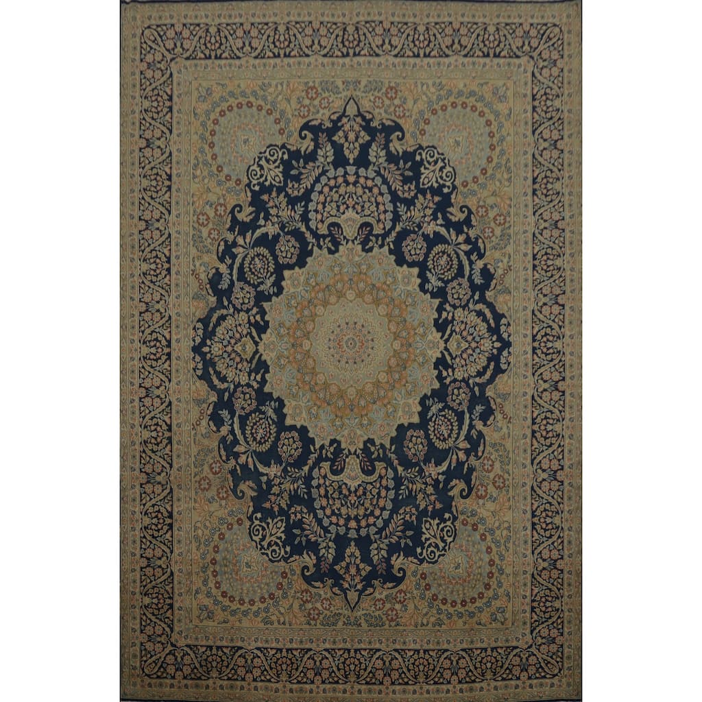 Hand Knotted Oriental 100% Wool Carpet Traditional Floral Navy Blue & Blues Kerman Area Rug - 13' 4'' X 10' 0''