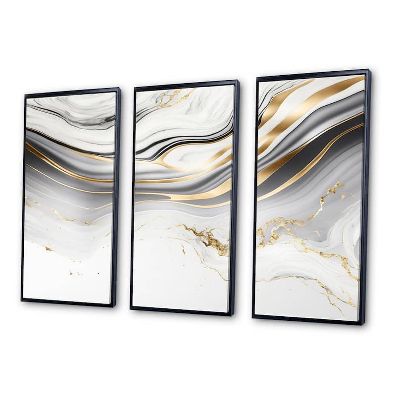 Designart "Abstract Geode Marble Waves Grey III" Modern Waves Framed Canvas Art Print - 3 Panels
