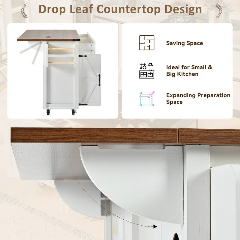 53.5" Rolling Farmhouse Kitchen Island Cart with Drop Leaf, Charging Station, Storage Cabinet, Spice Rack, and Drawer