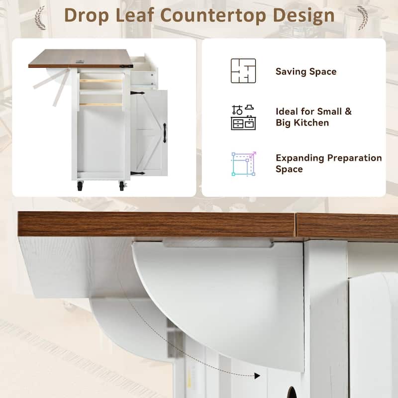 Roomfitters 53.5'' Farmhouse Kitchen Island with Power Outlet, Drop Leaf, Spice Rack, Drawer, Rolling Cart