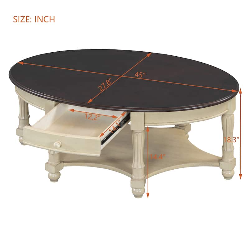 French Country Style Coffee Table Vintage Oval Coffee Table with Drawers and Storage Shelves, for Living Room