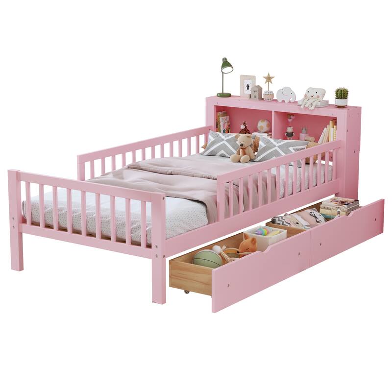 Pink Twin Size Bed with Headboard Storage, Safety Guardrails & Under-Bed Drawers