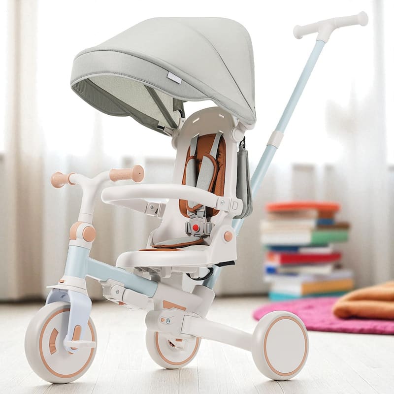 7-in-1 Baby Tricycle for Toddlers Ages 1-6, Foldable Push Trike with Parent Handle, Canopy, Guardrail & Pedals - Blue