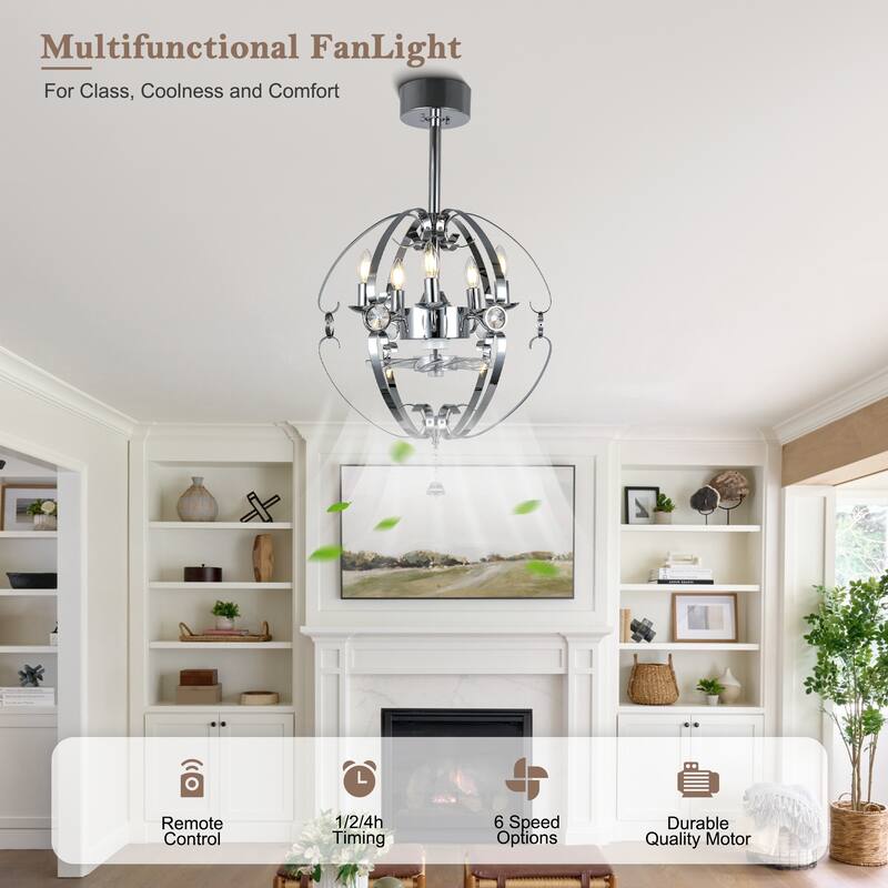CurveCurio Elegant 20" Chrome Metal Frame Fanlight with Crystal Accents, 5 Lights, Quiet DC Motor for Modern Kitchens