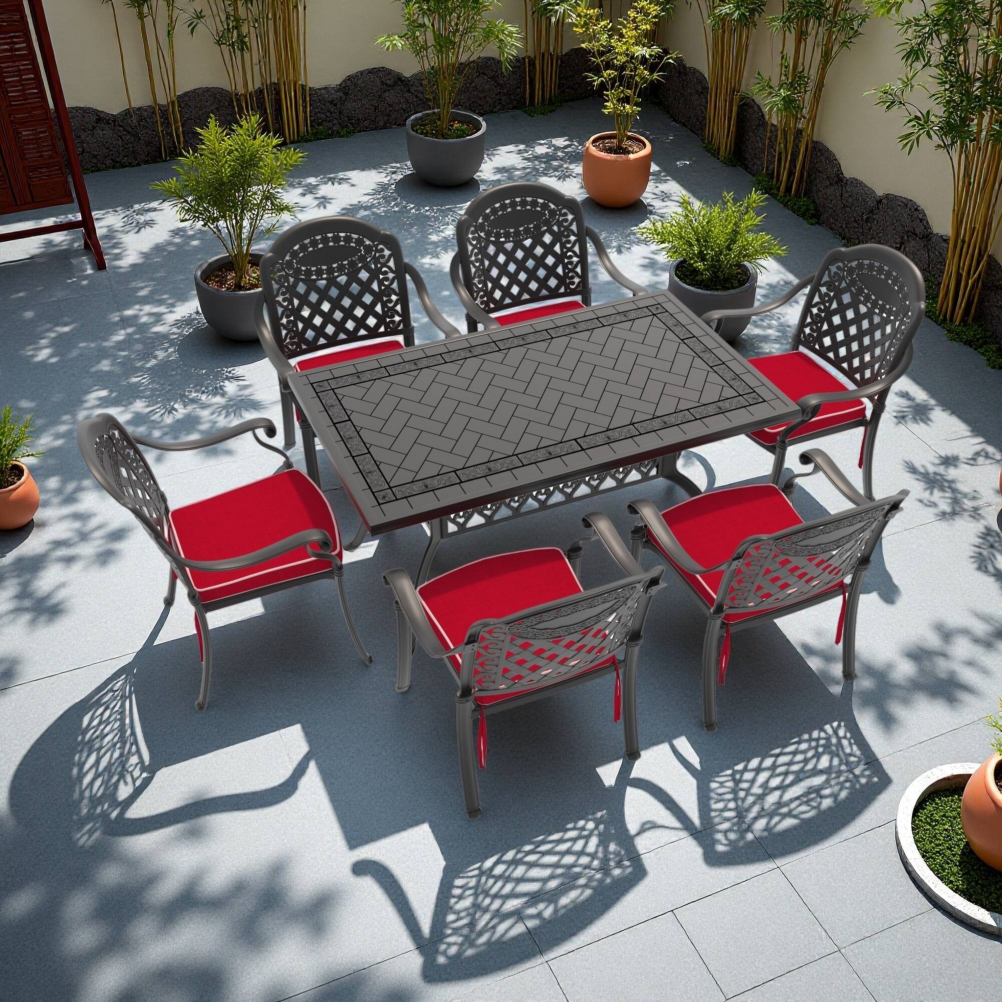 7-Piece Outdoor Patio Aluminum Dining Set with Rectangular Table and 6 Stacking Chairs with Cushions