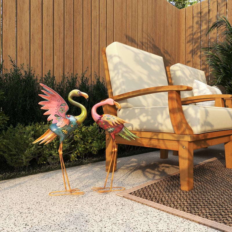 Metal Flamingo Indoor Outdoor Embossed Standing Decorative Garden Sculpture - Set of 2 Multi Colored - Roche River Decor