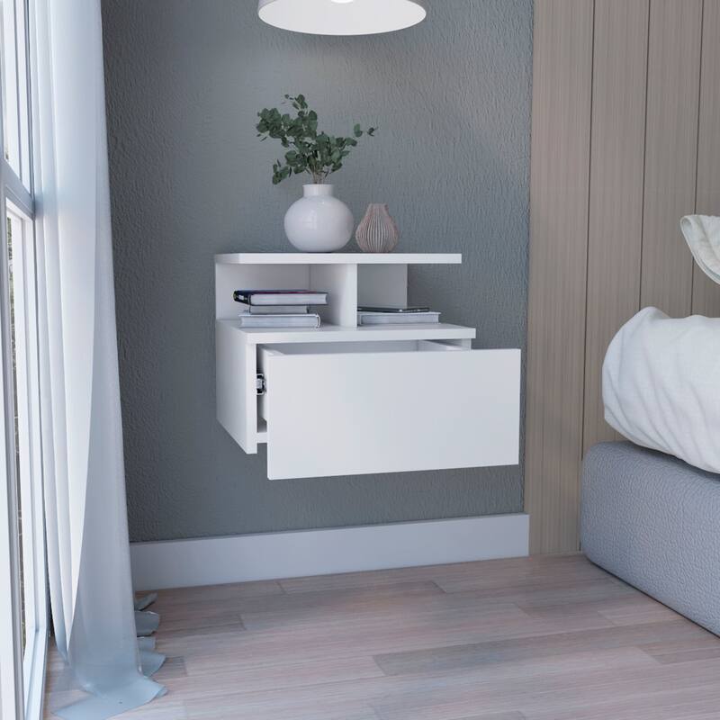 Wall-Mounted Nightstand with Drawer and 2-Tier Shelf, White