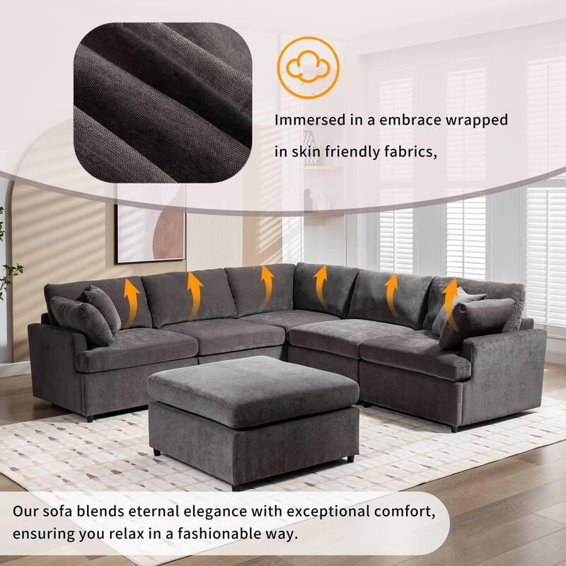 Upholstered Sectional Sofa Recliner Sofa with Removable Ottoman, U-Shape 6 Seat Sectional Couch with 4 Throw Pillow