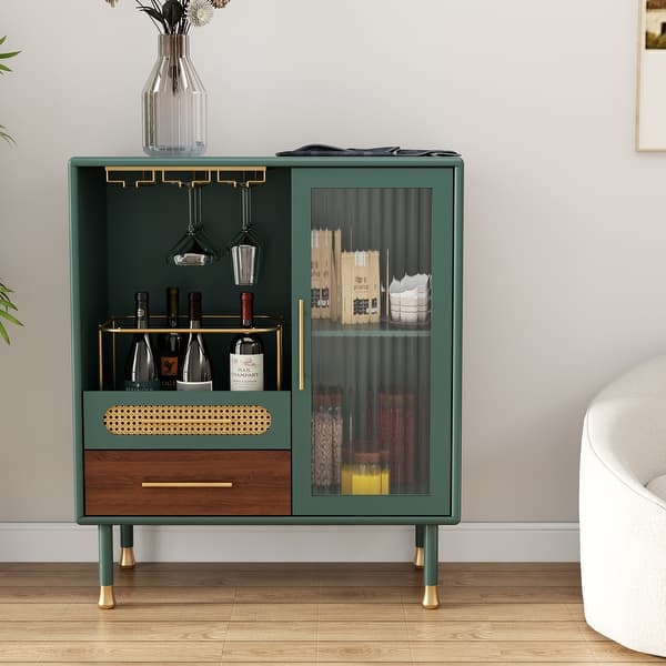 Modern Coffee Bar Cabinet with Wine Glass Rack and Storage Drawer - Green