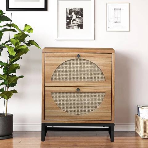 Modern Minimalism Nightstand, Bohemian Wood Bedside Table with Woven Rattan Drawers, Sofa Side Table, Rustic Farmhouse End Table