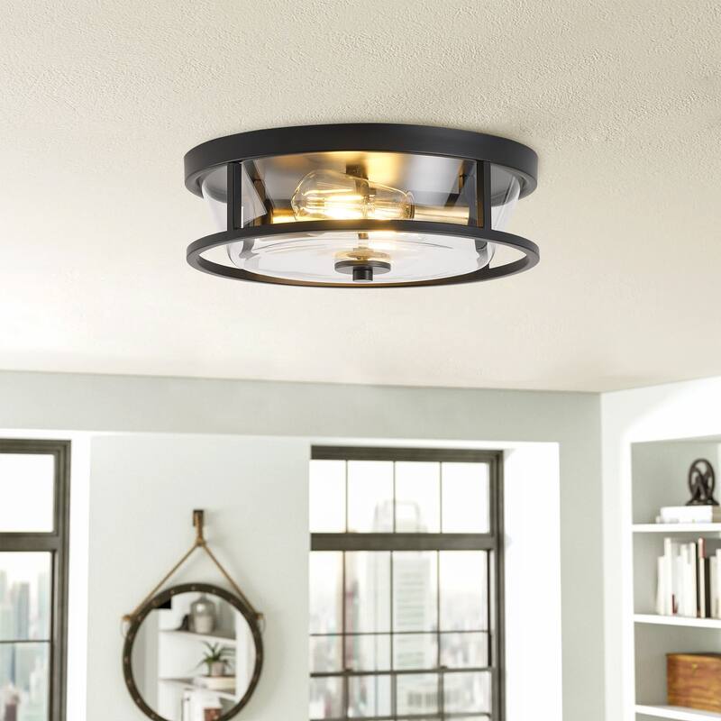 Farmhouse 2-Light Metal Frame Close to Ceiling Light with Glass Shade