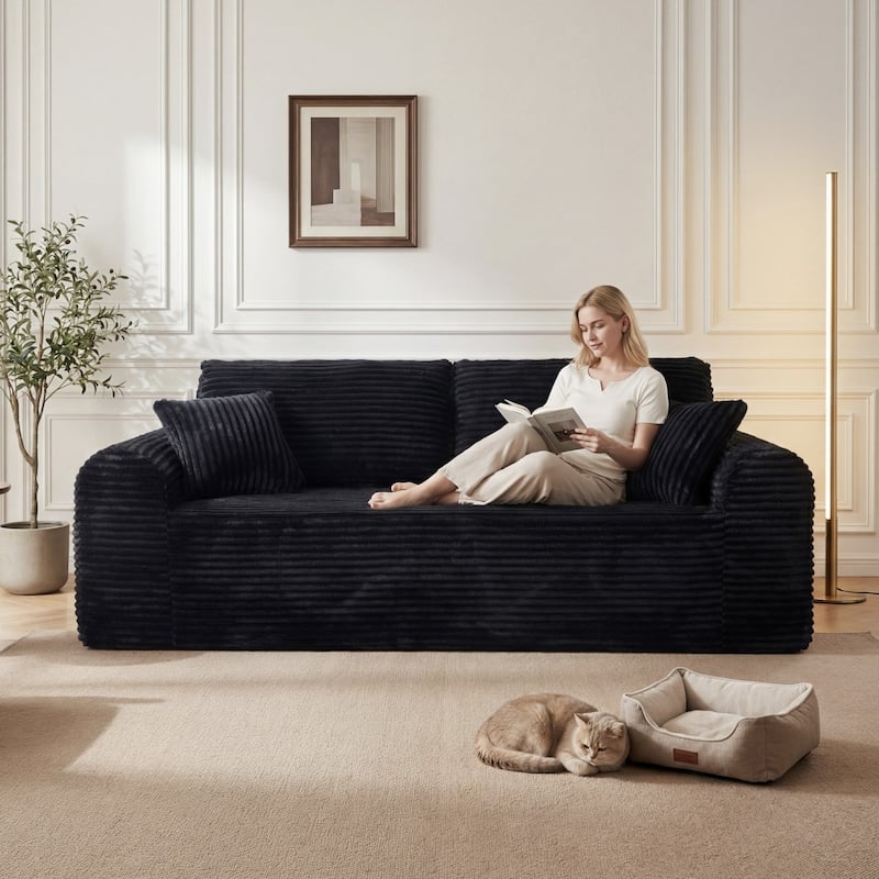 86.6" 3-Seater Corduroy Sofa with Pillows, No Assembly Required - Black