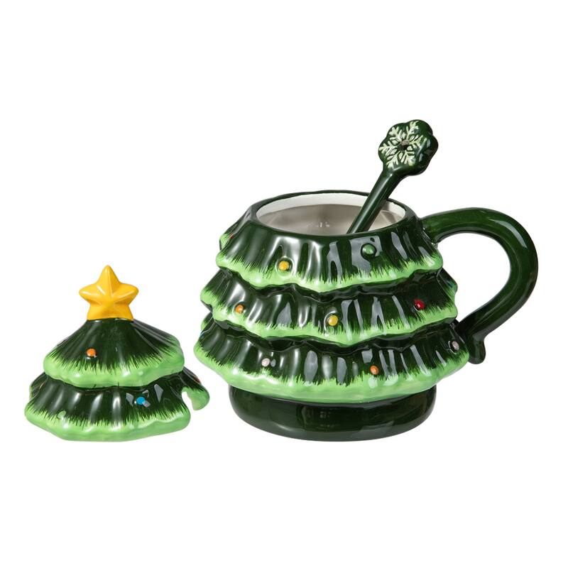 Glitzhome Christmas Dolomite Santa & Snowman or Tree Mug with Lid and Spoon
