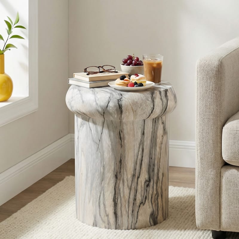 Christopher Knight Home - Lightweight Concrete Sculptural Side Table with Faux Marble Travertine Finish for Indoor & Outdoor