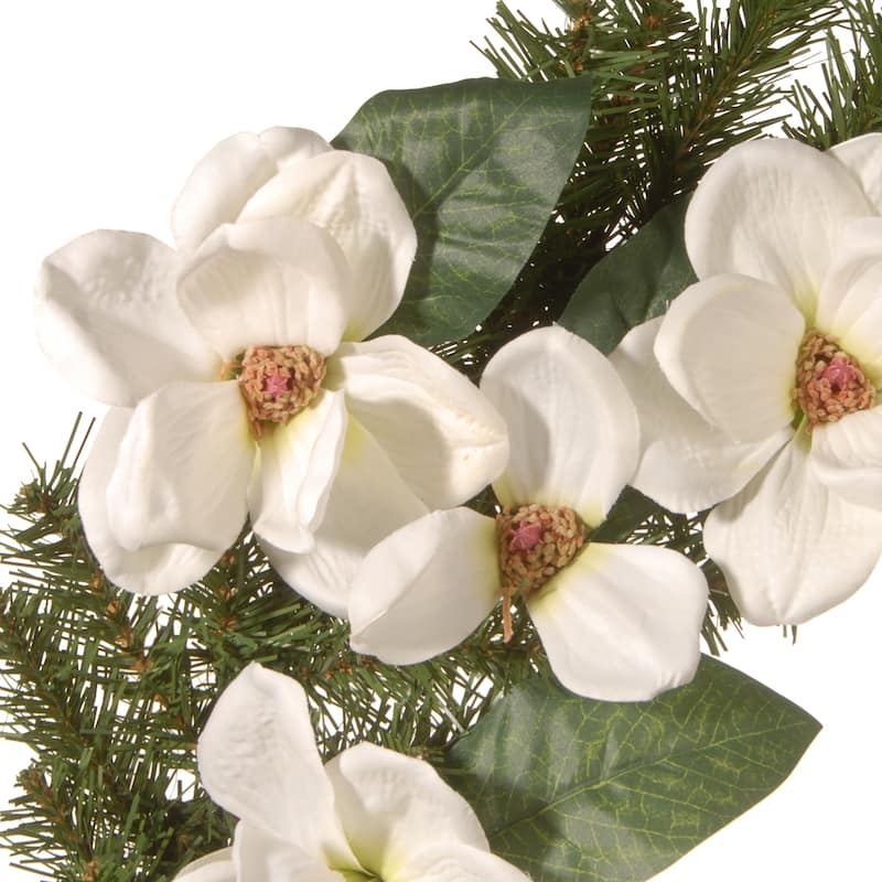 National Tree Company 24 inch Artificial Spring Wreath with North Valley Spruce, Magnolia Flower Blooms, and Evergreen Branch