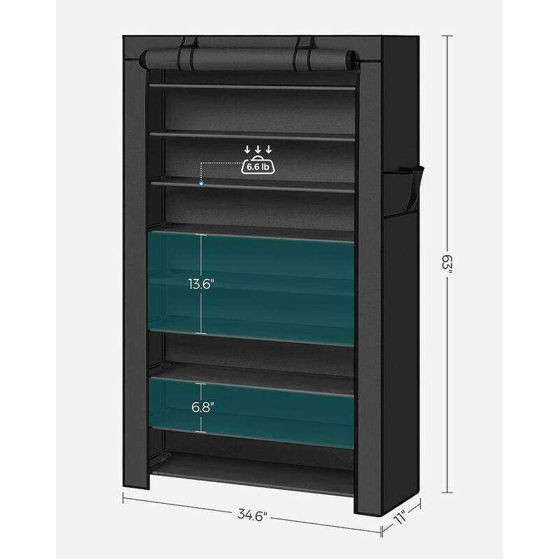 9 Tiers Black Space-Saving Tall Shoe Rack with Water-Resistant Shelves and Sturdy Metal Frame - 11”D x 34.6”W x 63”H