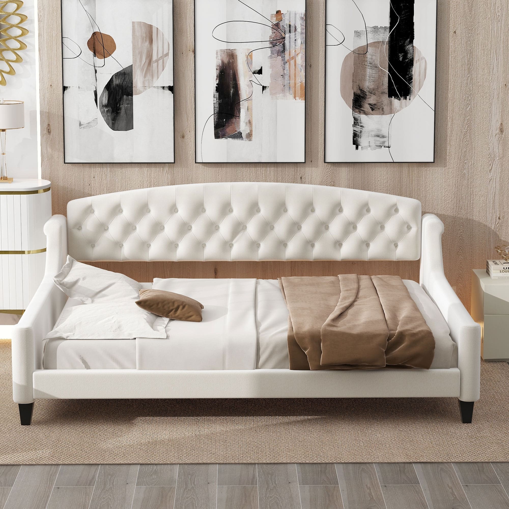 Roomfitters Full Size Upholstered Daybed, Modern Velvet Platform Bed with Curved Tufted Backrest