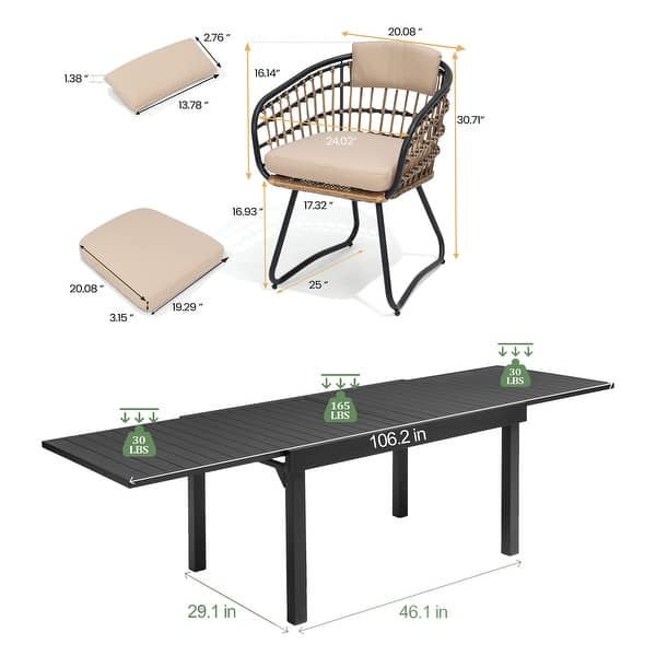 dimension image slide 1 of 6, 7/11PC Outdoor Aluminum Expandable Patio Dining Sets Extension Table with Rattan Chair