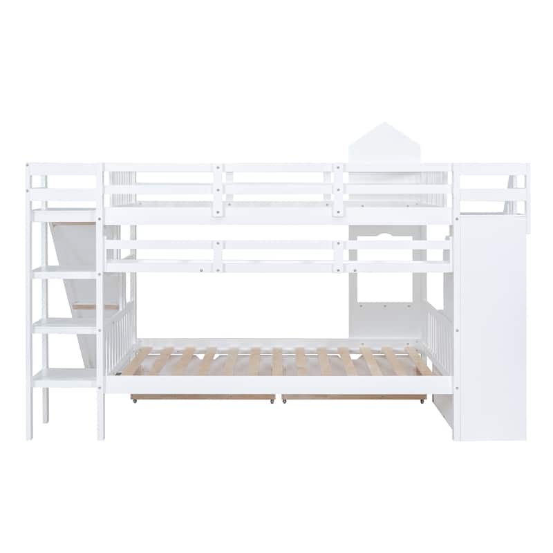 Castle Style Bunk Bed with 2 Drawers 3 Shelves and Slide