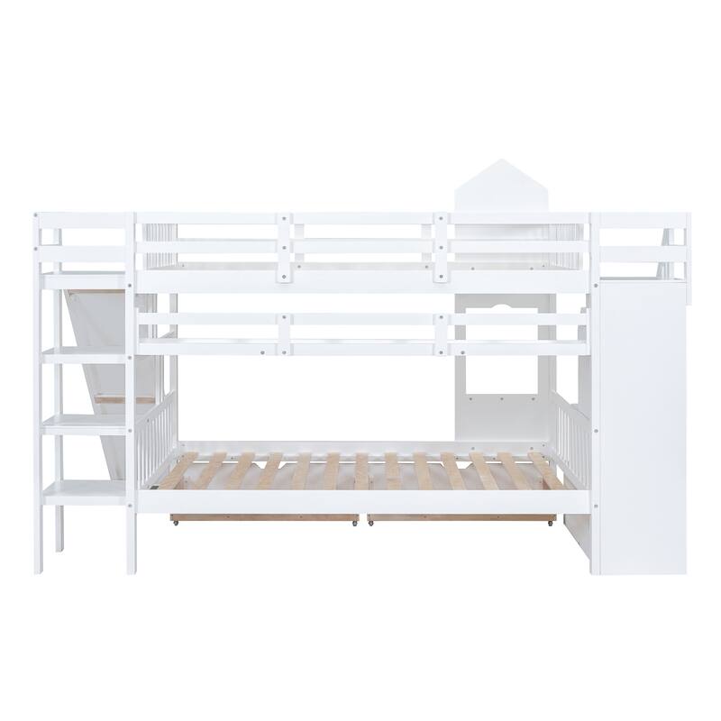 Full-Over-Full Castle Style Bunk Bed with Drawers, Shelves and Slide - White