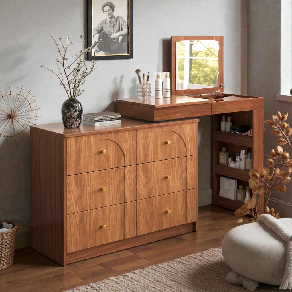 Vanity Desk with Flip-Top Mirror and LED Lights, Makeup Table with 7 Drawers, 9 Compartments, Shelves, 3-Color Modes