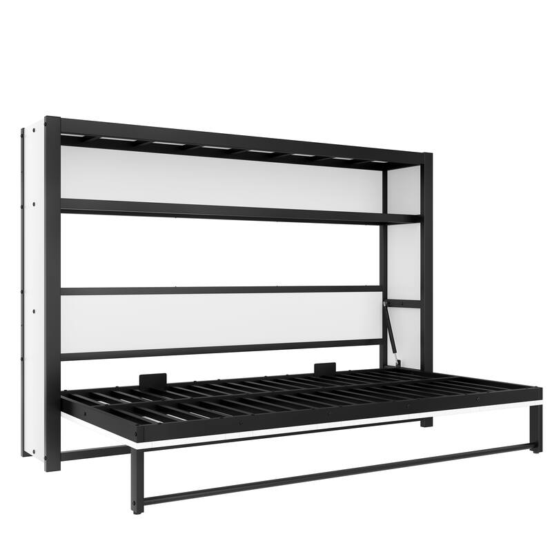 Roomfitters Twin Size Metal Murphy Bed with Shelves, Foldable Wall Bed Frame with Space-Saving Design