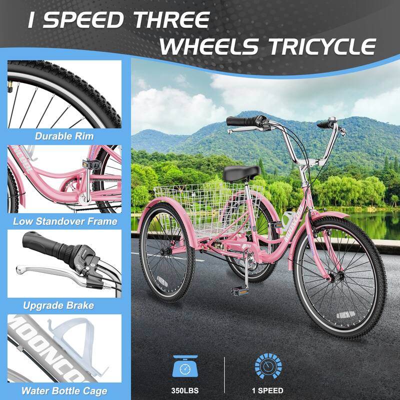 Docred 16" and 24" Tricycle 1-Speed 3 Wheel Trike Bike with Basket