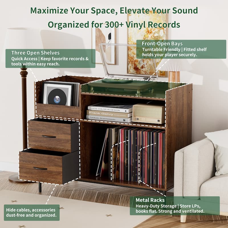 Record Player Stand with Adjustable Shelves, Holds 350 Vinyl Albums, Turntable Console with Speaker Shelf and Drawers