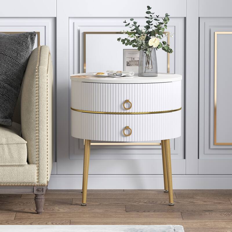 Myhozm Round End Table with Storage, Barrel-Shaped Nightstand for Living Room, Bedroom