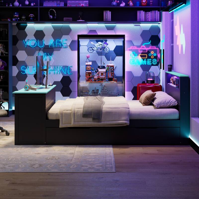 Wood Daybed with Trundle & Built-in Desk, LED Lights & USB Charging Port, Available in Full or Twin