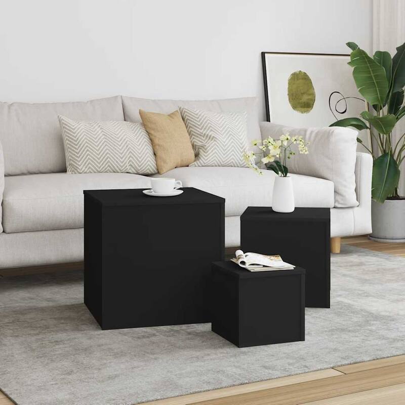 vidaXL Side Table Set of 3 Black Engineered wood Small to Large - 17.7 x 17.7 x 17.7 in