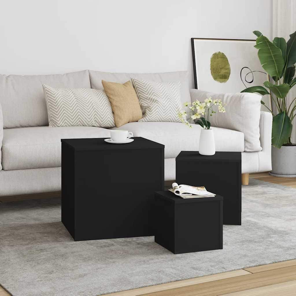 vidaXL Side Table Set of 3 Black Engineered wood Small to Large - 17.7 x 17.7 x 17.7 in