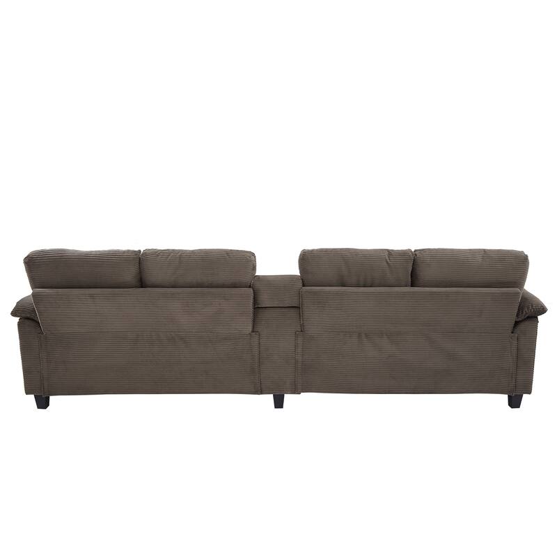 Corduroy Upholstered 4 Seat Sofa, U-shaped Sectional Sofa with Movable Storage Ottomans, Console, Cup Holders and USB Ports
