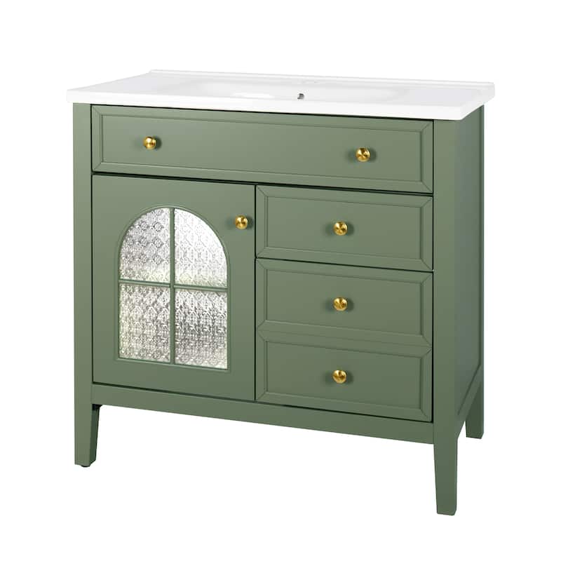 35.6-Inch Mid-Century Bathroom Vanity Sink with Patterned Glass & Motion-Sensor Light Strip, High-End Vanity Cabinet