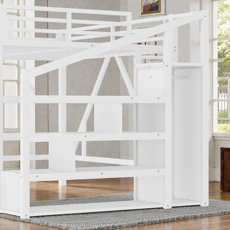 Metal Loft Bed with Storage Stairs, Wardrobe and Shelves, USB Ports and LED Lights, Noise Reduced Frame