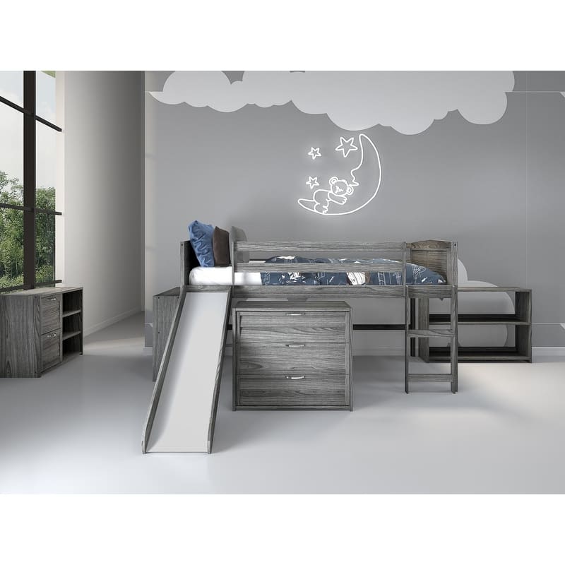 Twin-size Antique Grey Louver Storage Bookcase Loft Bed with Slide.