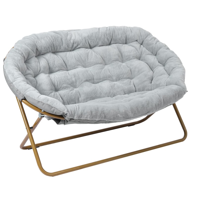 Folding Synthetic Fur Double Saucer Chair with Steel Frame - 27.5"D x 55.5"W x 33.5"H - Gray Fabric/Soft Gold Frame
