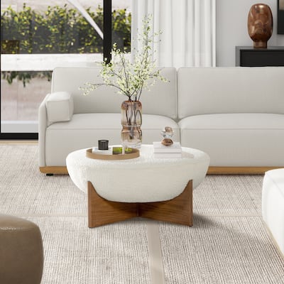 Bali 37" Hemisphere Boucle Cocktail Ottoman with Wood Base
