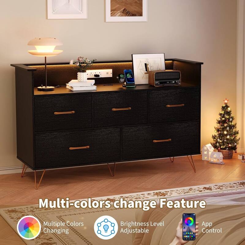 5 Drawer Dresser TV Stand for Bedroom with Charging Station & LED Lights