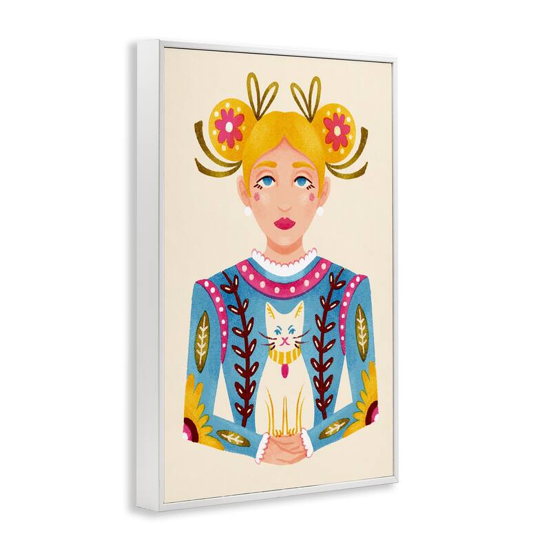 Stupell Blonde Folk Girl with Cat Framed Giclee Art Design By Hannah Moren