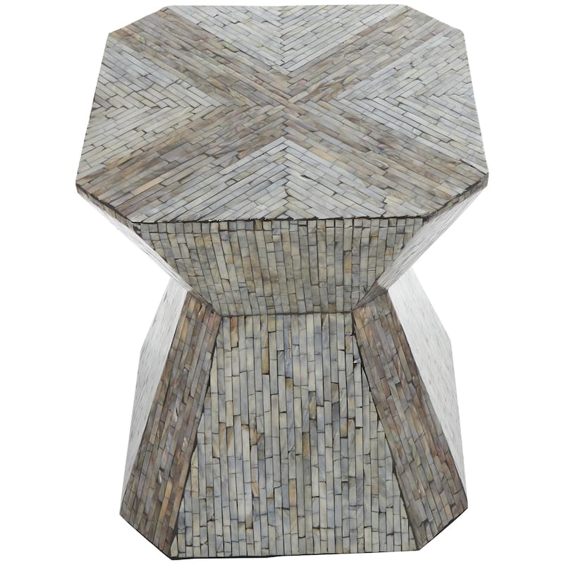 Mother of Pearl Shell Geometric Handmade Hourglass Side End Accent Table with Linear Mosaic Pattern - Gray - Roche River Decor