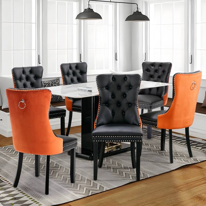 High-end Tufted Velvet Upholstered Nailhead Dining Chair Set of 6 - Set of 6 - Black Orange